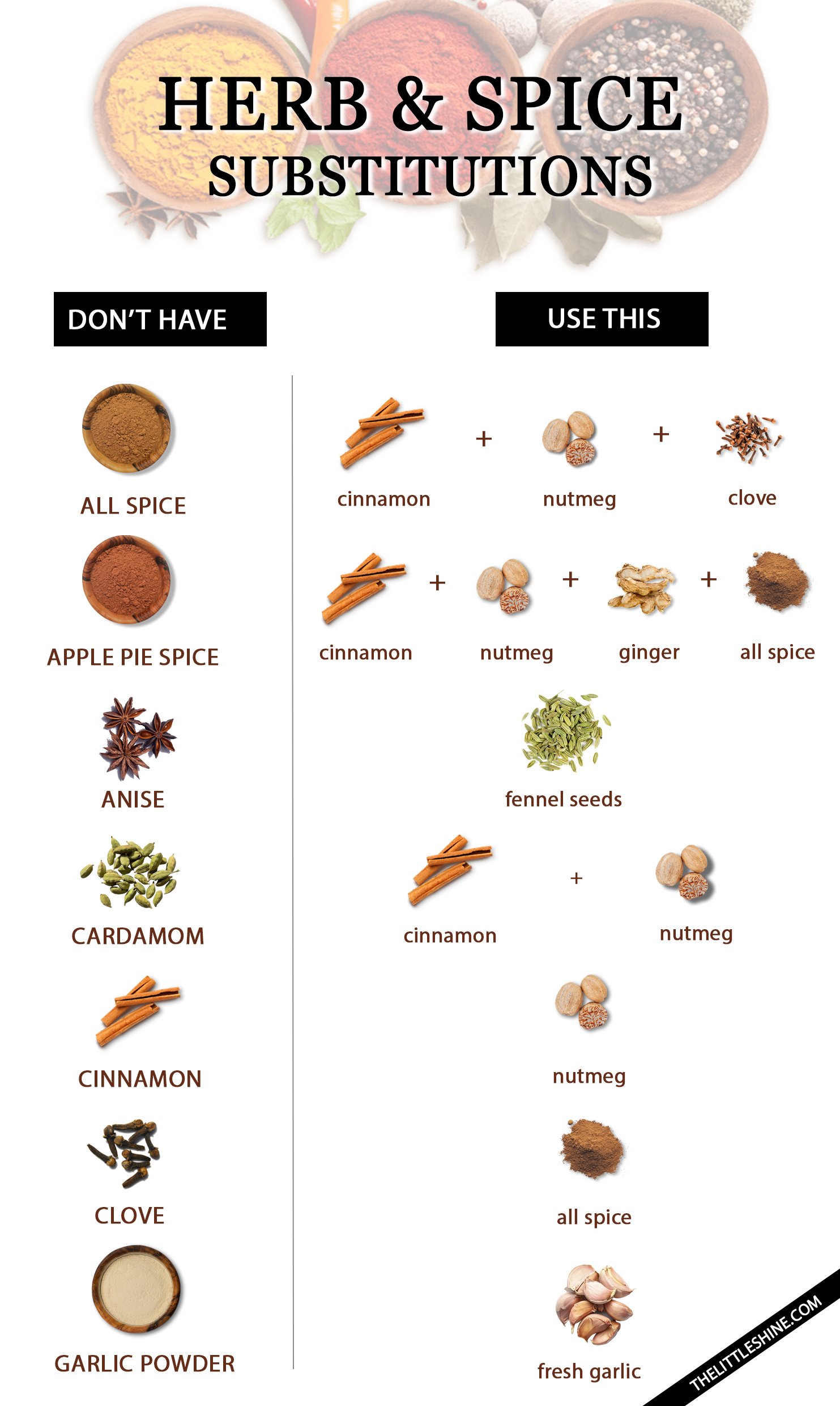 Herb and Spice Substitutions to use in your cooking or baking recipes